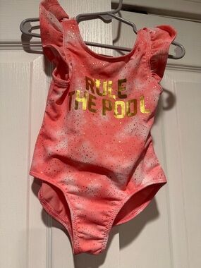 Girls Coral Pink One-Piece Swimsuit with Gold Foil Text
